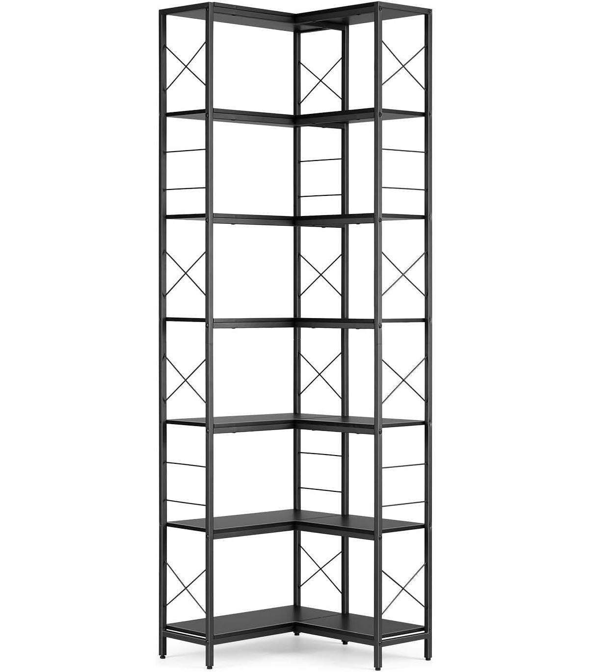 gaomon 7 Tier Industrial Corner Bookshelf Wood and Metal Frame Large Bookcase, Freestanding Display Shelf for Living Room, Kitchen, Home Office