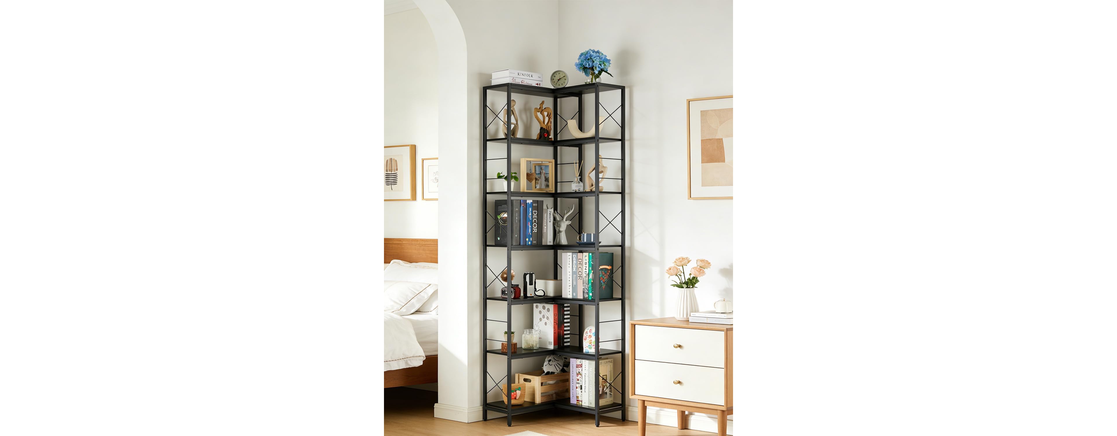 gaomon 7 Tier Industrial Corner Bookshelf Wood and Metal Frame Large Bookcase, Freestanding Display Shelf for Living Room, Kitchen, Home Office