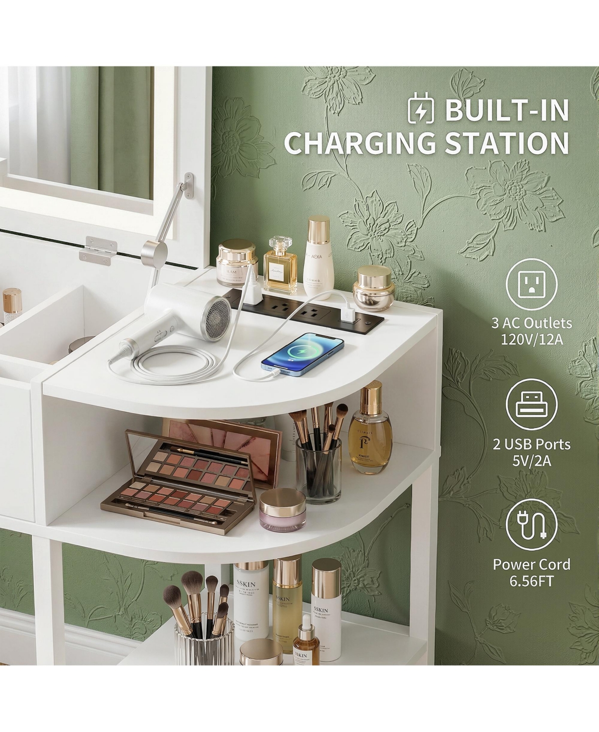 Aheaplus Flip-Top Makeup Dressing Table with mirror and Drawer, Small Vanity Desk with Charging Station