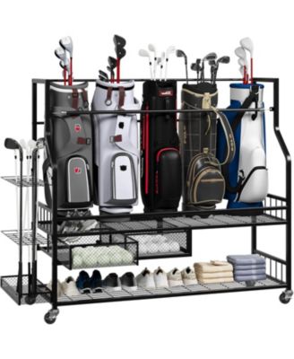Golf Bag Storage Rack with Drawer and Wheels, Heavy Duty Golf Organizer for Clubs, Balls, Shoes, Garage Storage Stand