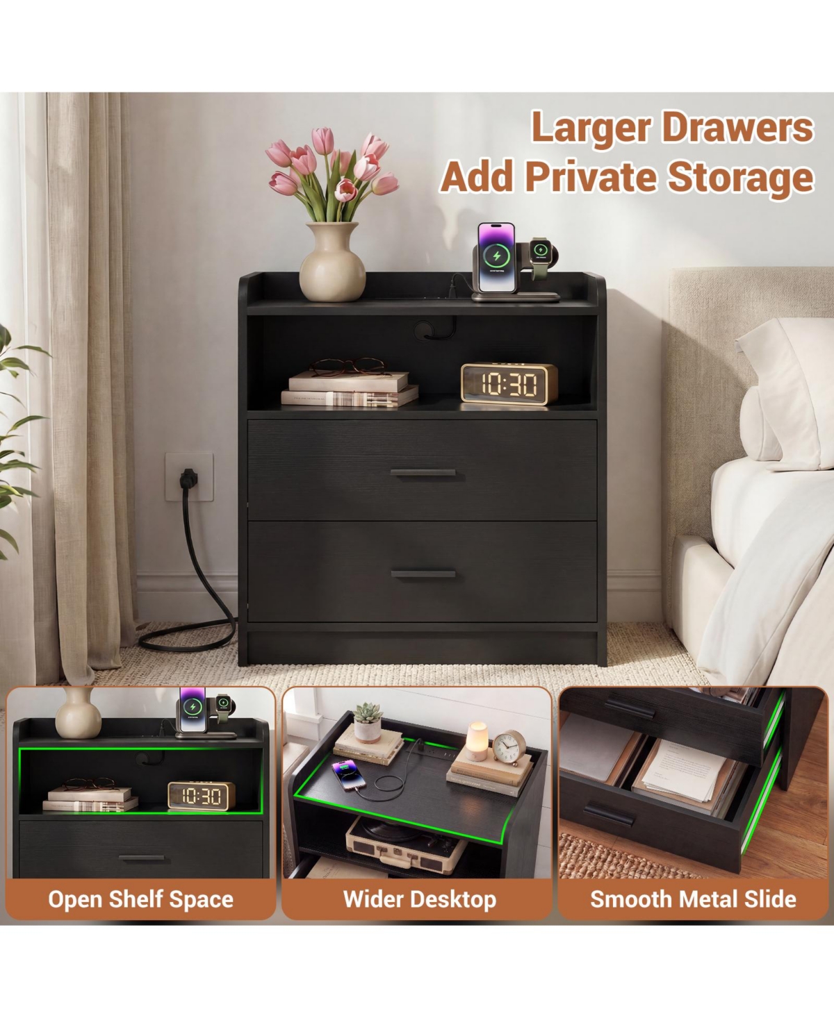 Aheaplus Nightstand with Charging Station, Sofa Side Table Drawers