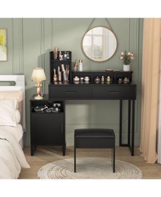 Vanity Desk with Charging Station, Makeup Table with Storage Drawers, Cabinet, Shelves