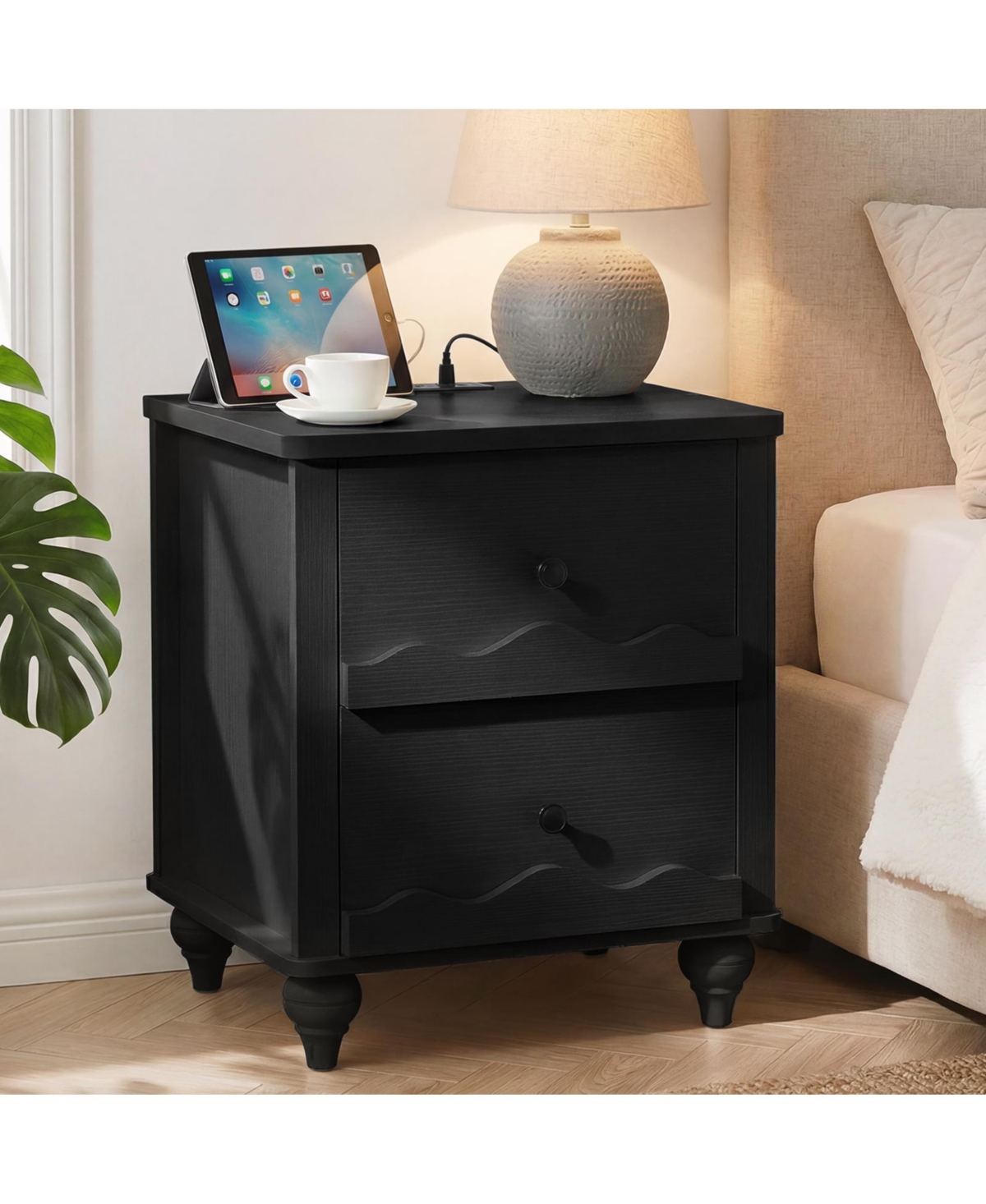 Aheaplus Wooden Nightstand with Charging Station, Storage Dresser 2 Drawers