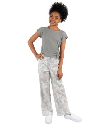 Girls' 7-12 Rib Knit T-Shirt and Printed Twill Pants, 2-Piece Set