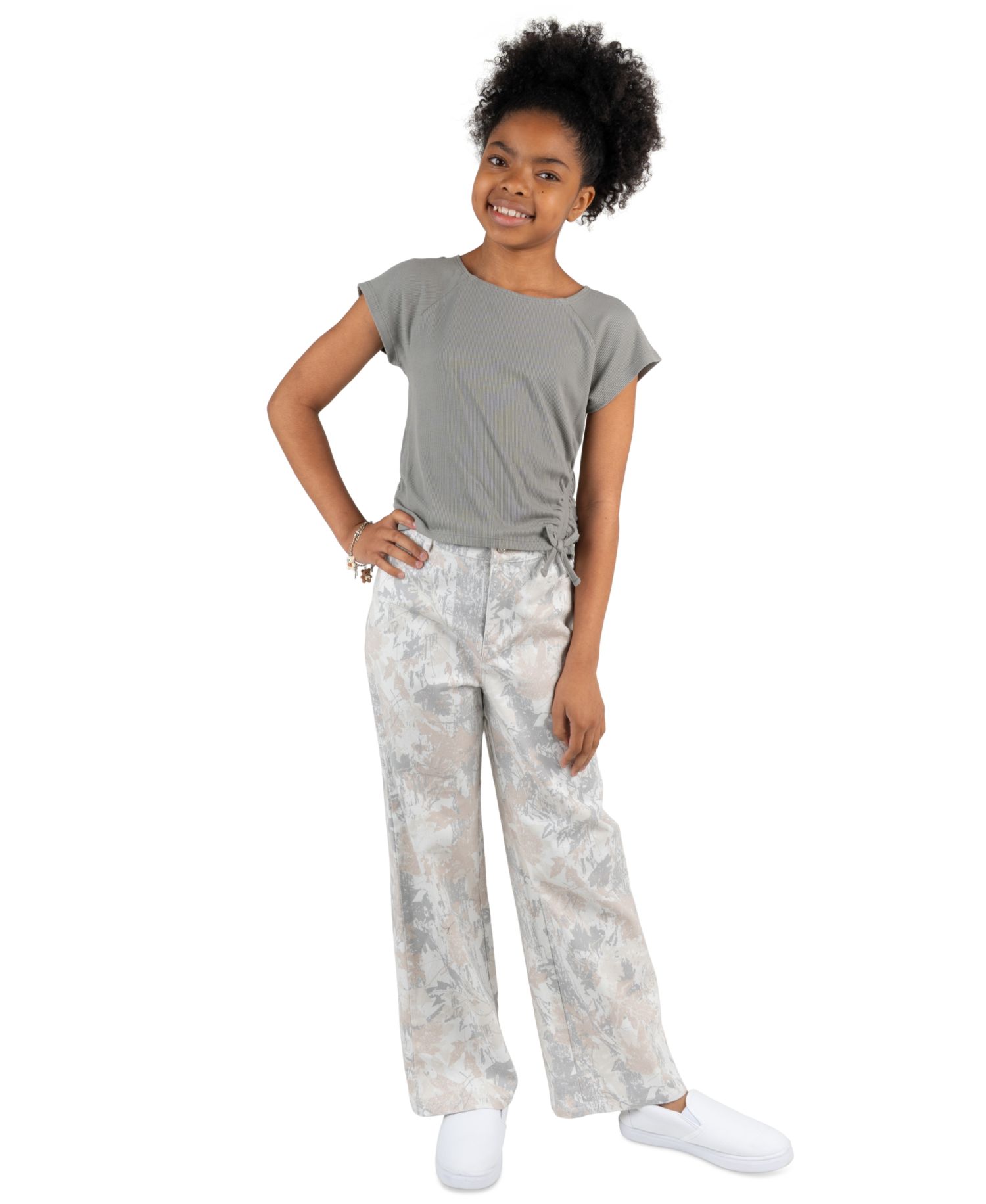 Girls' 7-12 Rib Knit T-Shirt and Printed Twill Pants, 2-Piece Set