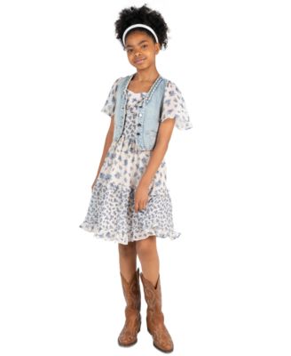 Girls' 7-16 Denim Vest and Twin Printed Chiffon Dress, 2-Piece Set