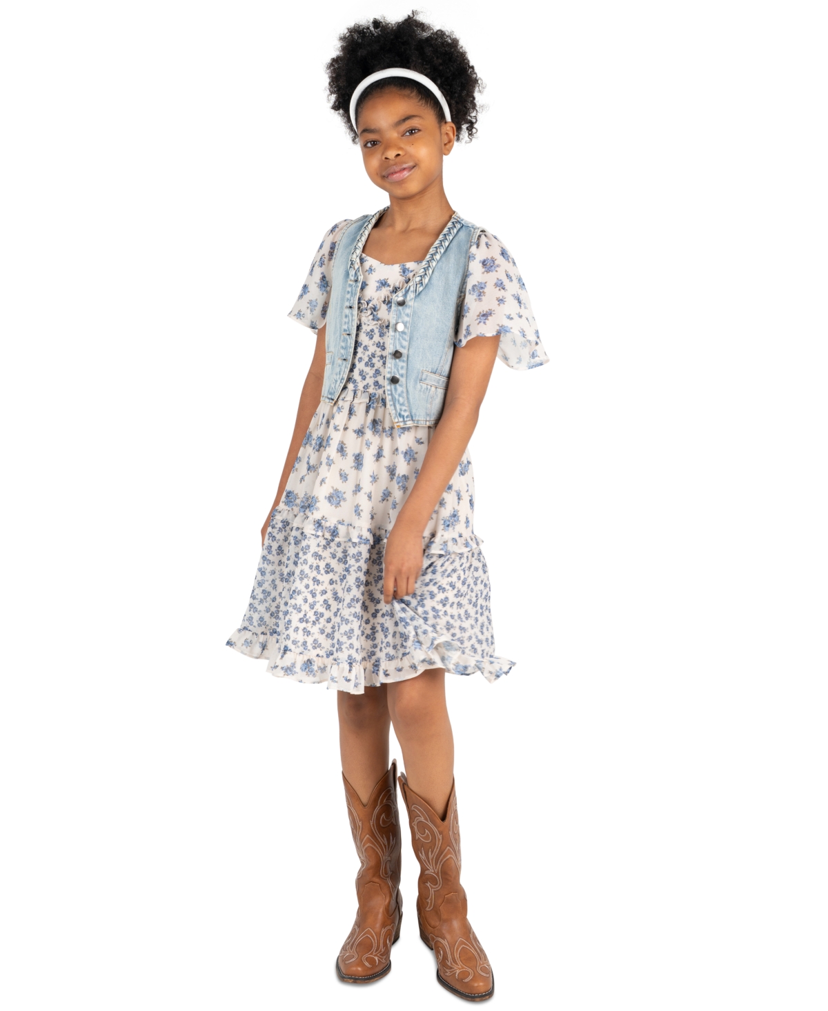 Rare Editions Girls' 2T-6X Denim Vest and Twin Printed Chiffon Dress, 2-Piece Set
