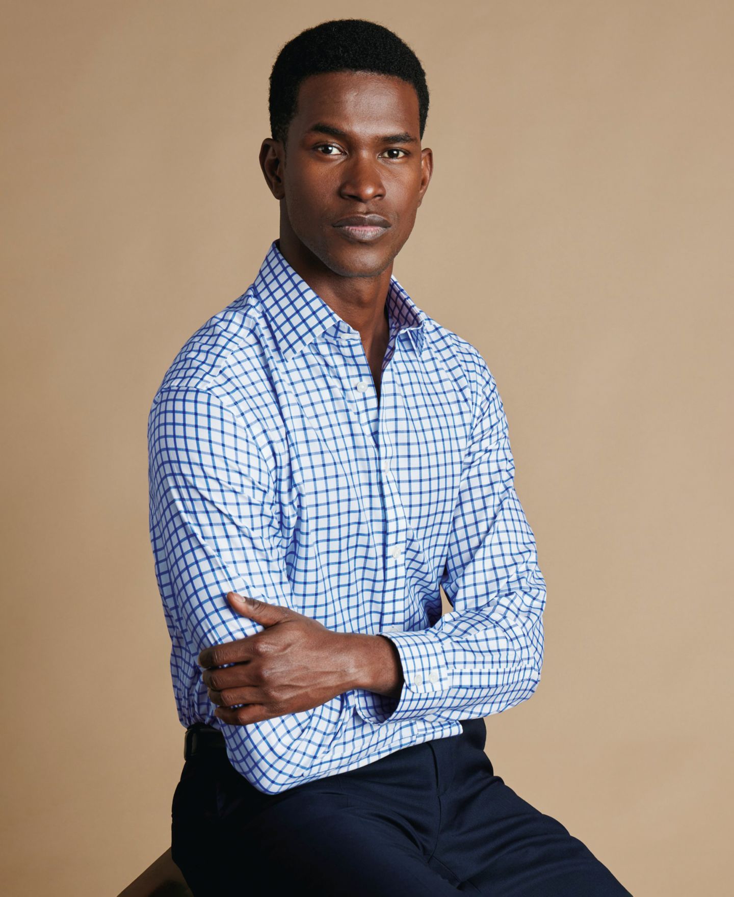 Мужская рубашка Charles Tyrwhitt Spread Collar Cotton Dress Shirt, цвет: Синий клетчатый — фото 2
