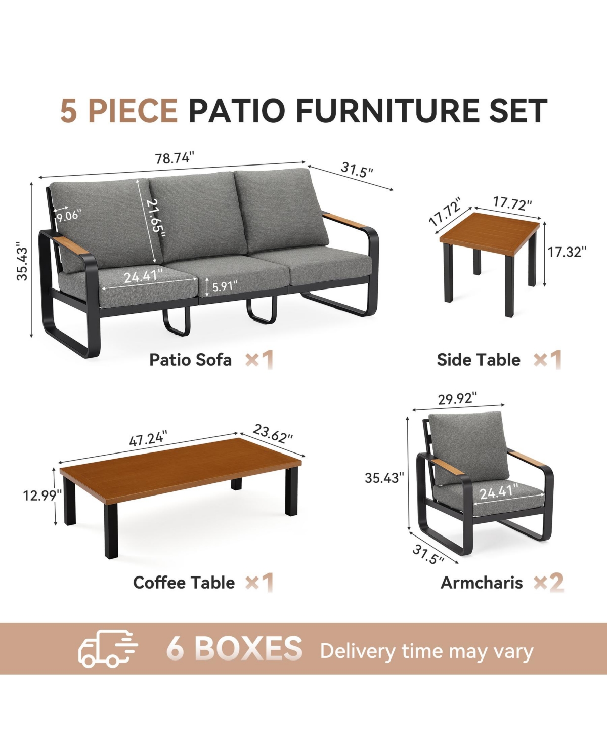 Tribesigns 5-Piece Outdoor Patio Furniture Set with 2 Chairs, 1 3-Seater Sofa, 1 Coffee Table and 1 Side Table