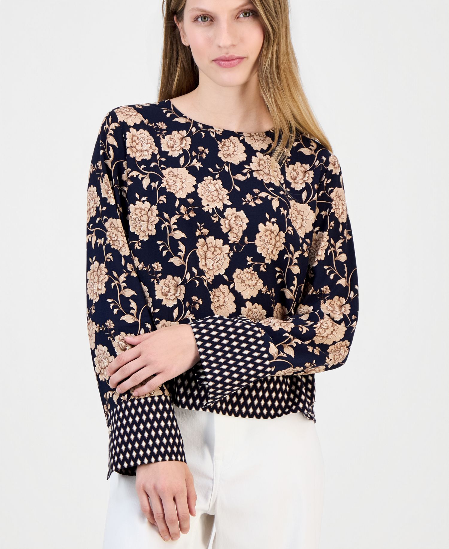 Women's Long-Sleeve Border-Print Blouse