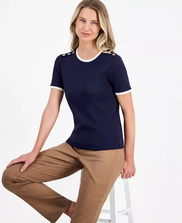 Women's Cotton Button-Shoulder Ringer T-Shirt - thumbnail 7