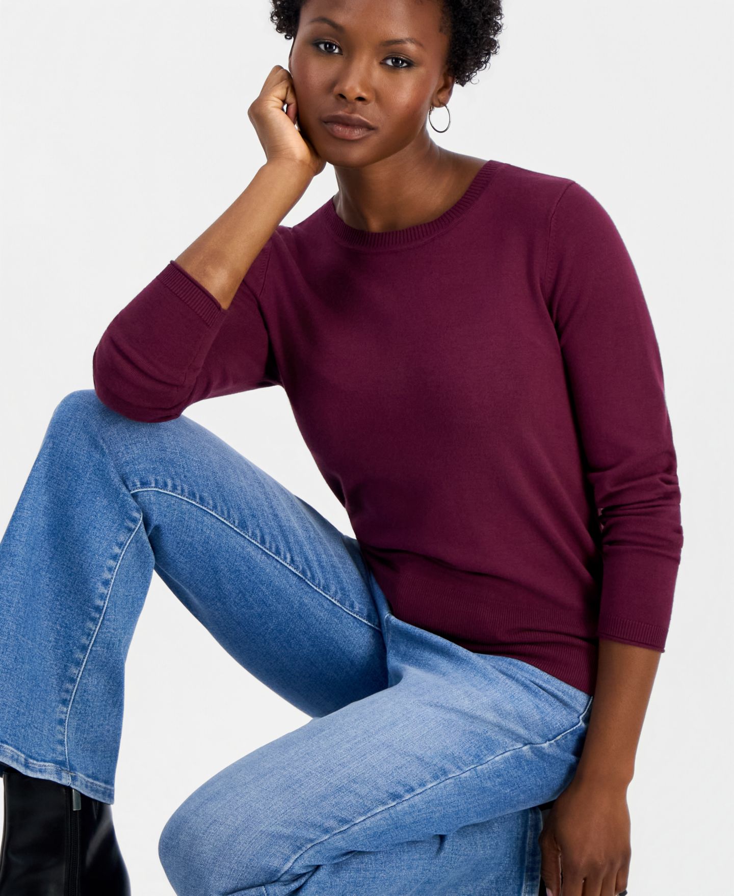 Женский свитер I.N.C. International Concepts Petite Fitted Long-Sleeve Crewneck, цвет: Ягодный винный — фото 4