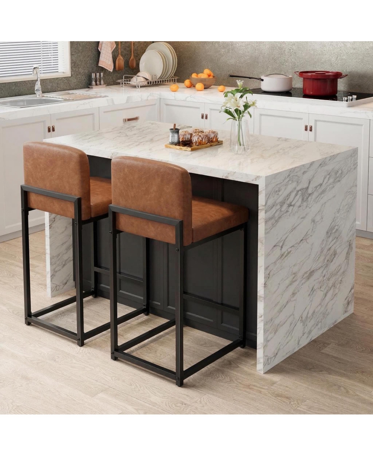 homfan 4/6 Bar Stools, modern counter-height chairs with back, footrest, and faux leather-ideal for kitchen islands bars