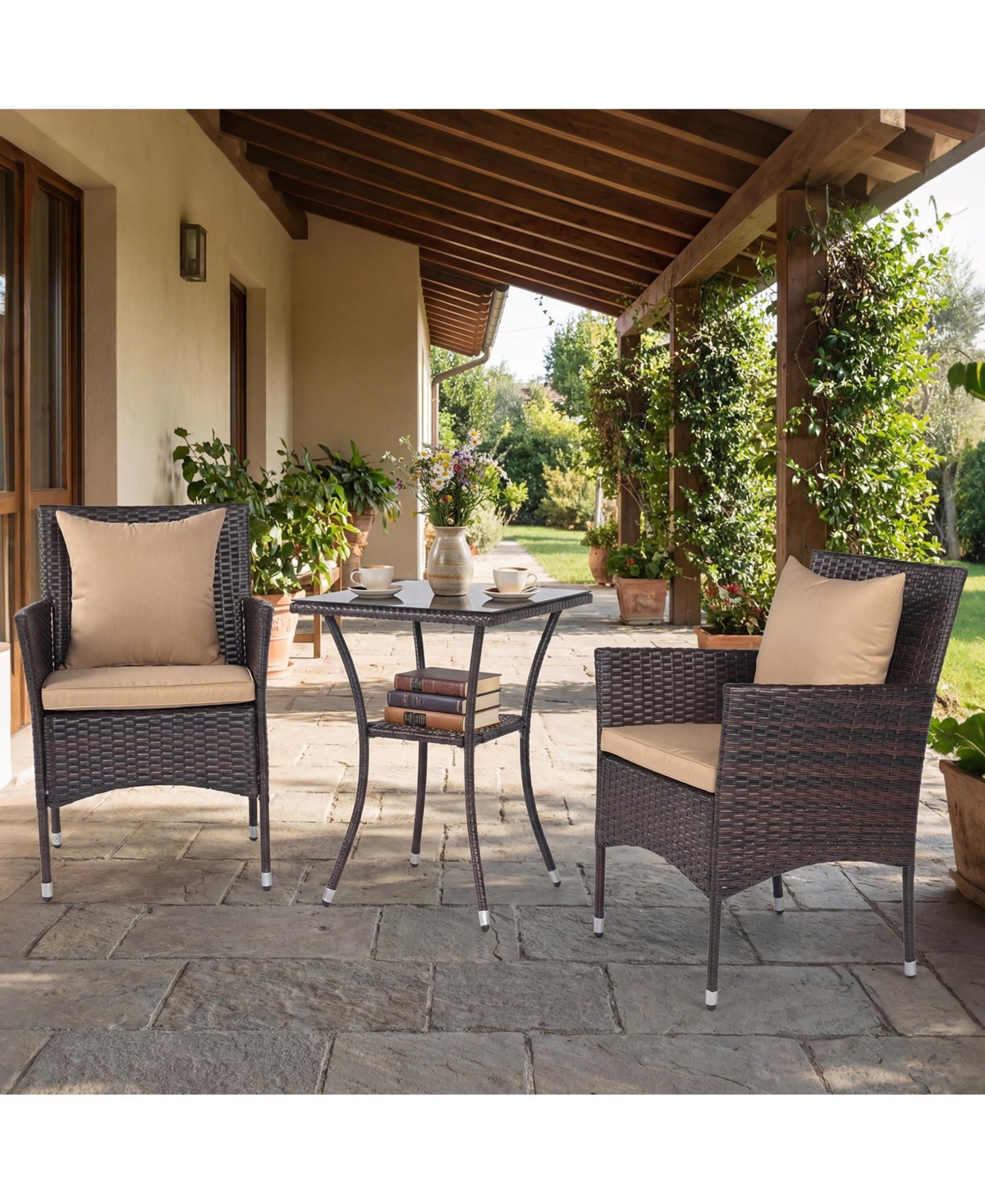 3 Pcs Patio Furniture Set witn Cushioned Chairs & Tempered Glass Coffee Table