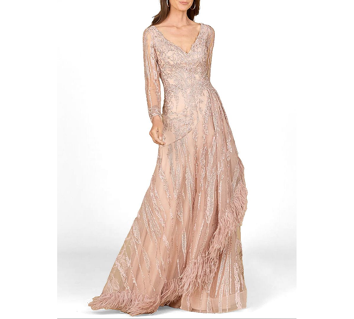 Lara Women's Long Sleeve V-Neck Lace Gown with Feathers view 3 — MAYCSS fashion products