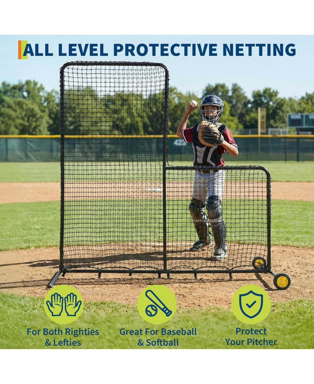 Xo L Screen Baseball Net, Portable Pitching Screen with Wheels for Batting Cage Field Practice