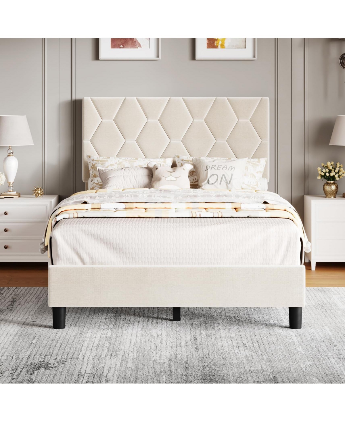 homfan Upholstered Platform Bed Frame with Adjustable Headboard, Wood Slat Support, Quiet Design