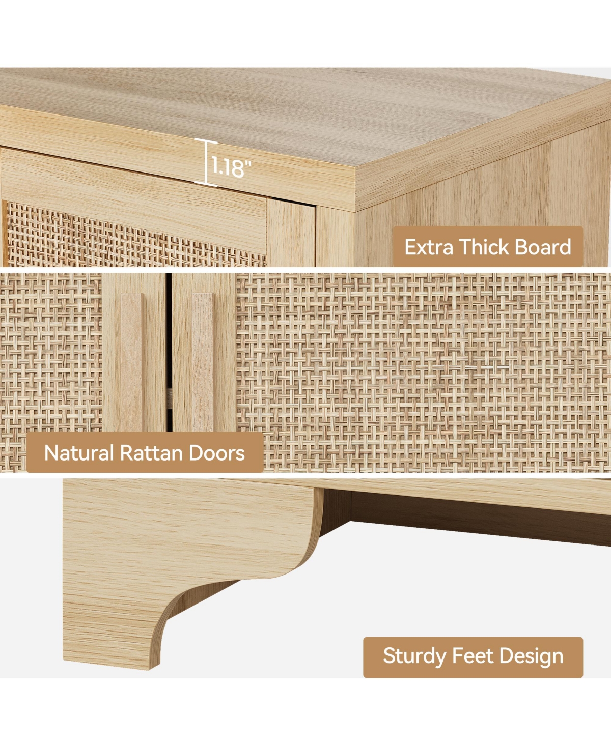 homfan 62.2 Inch Woven Buffet Sideboard, 4-Door Storage Cabinet with Shelves, Modern Farmhouse Wooden Console Table