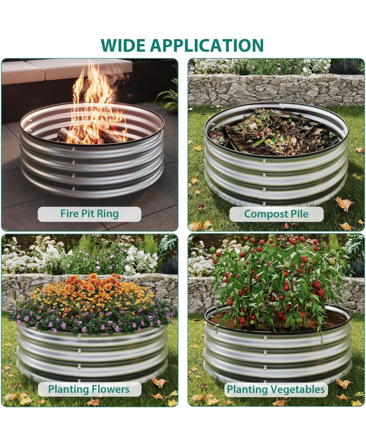 Xo Round Galvanized Raised Garden Bed 2x1 ft, Metal Planter Box Set, Rustproof Open Bottom, Vegetables and Flowers