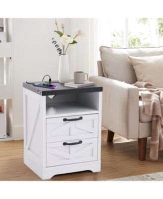 Farmhouse Nightstand with Charging Station, 2-Drawer End Table with USB Ports and Outlets for Bedroom, Living Room, or Office