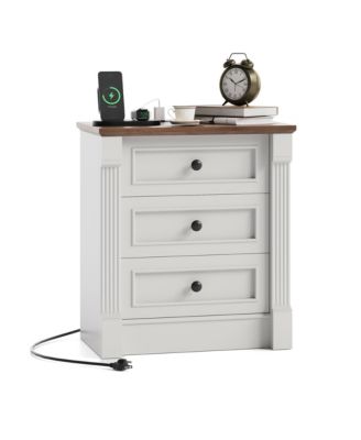 Farmhouse 3-Drawer Nightstand with Charging Station, Roman Column Style End Table, Set Options