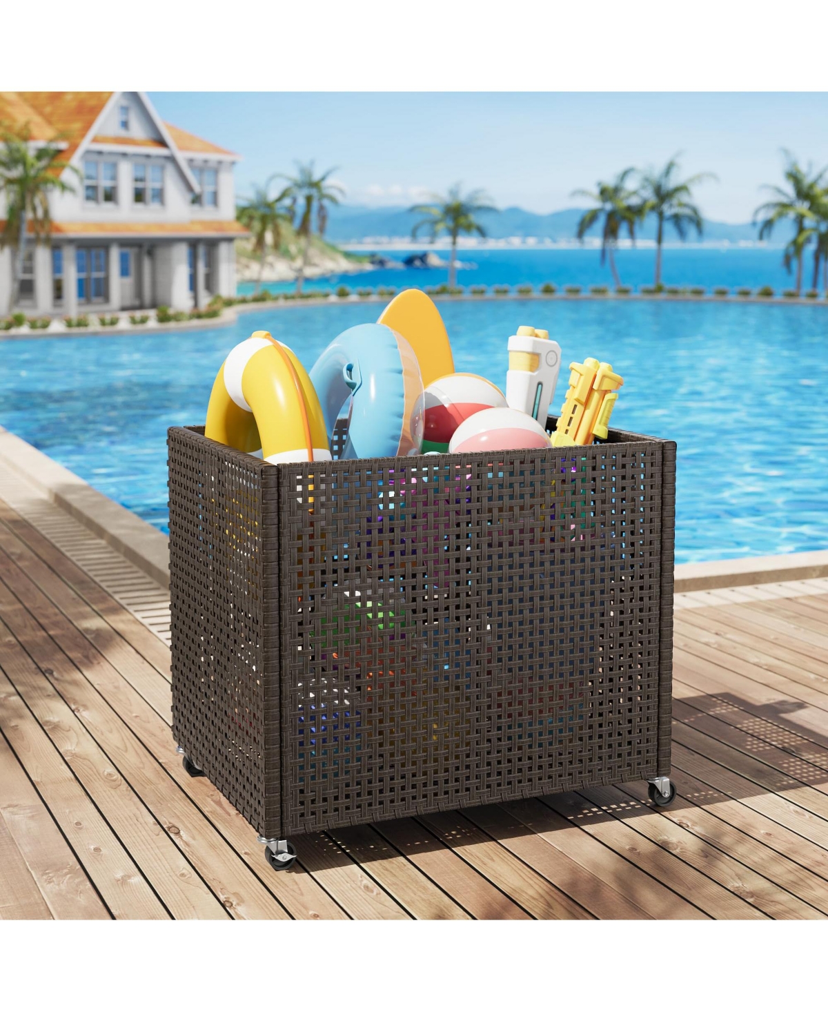 homfan Pool Float Storage Organizer with Wheels, Large Outdoor Mesh Rolling Cart for Noodles, Toys, Floats