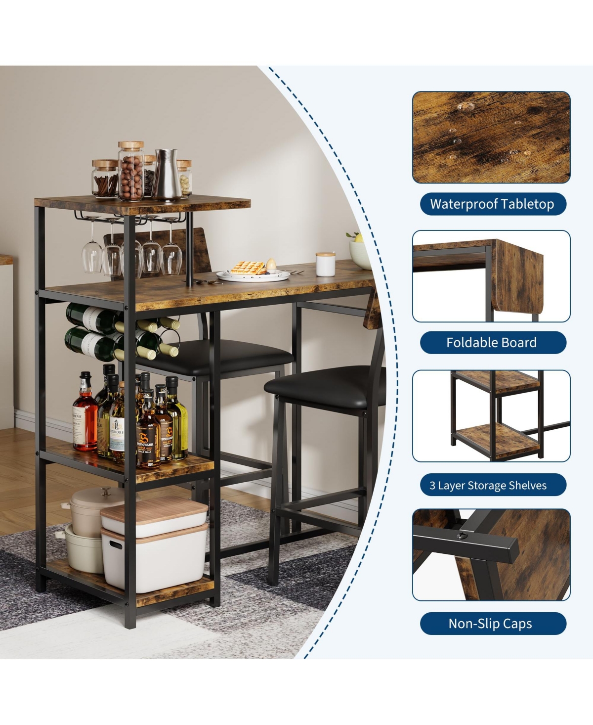 homfan Space-Saving 3-Piece Dining Table Set for 2