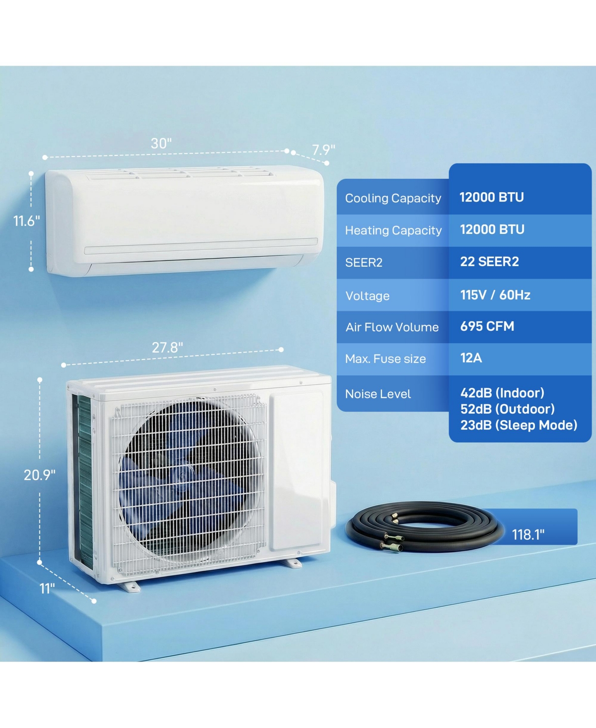 Homcom 12000 Btu Mini Split Air Conditioner, 22 SEER2 115V Ductless Ac Unit