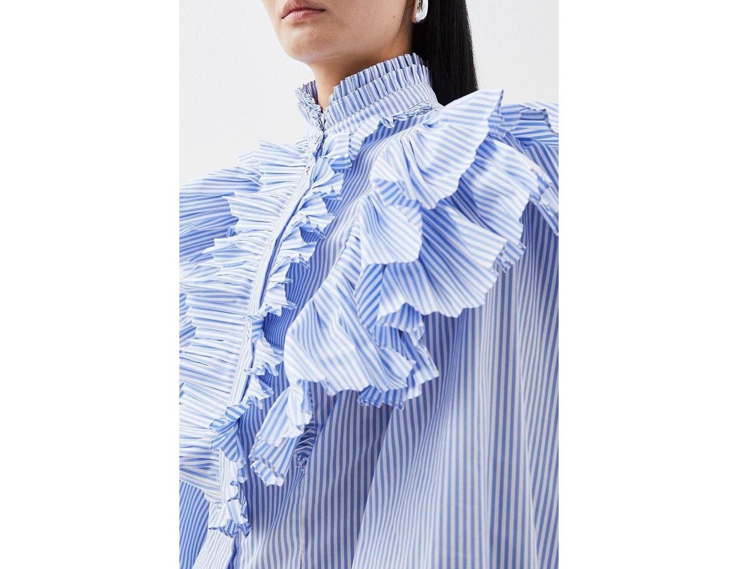 Women's Pleated Striped Ruffle Woven Shirt