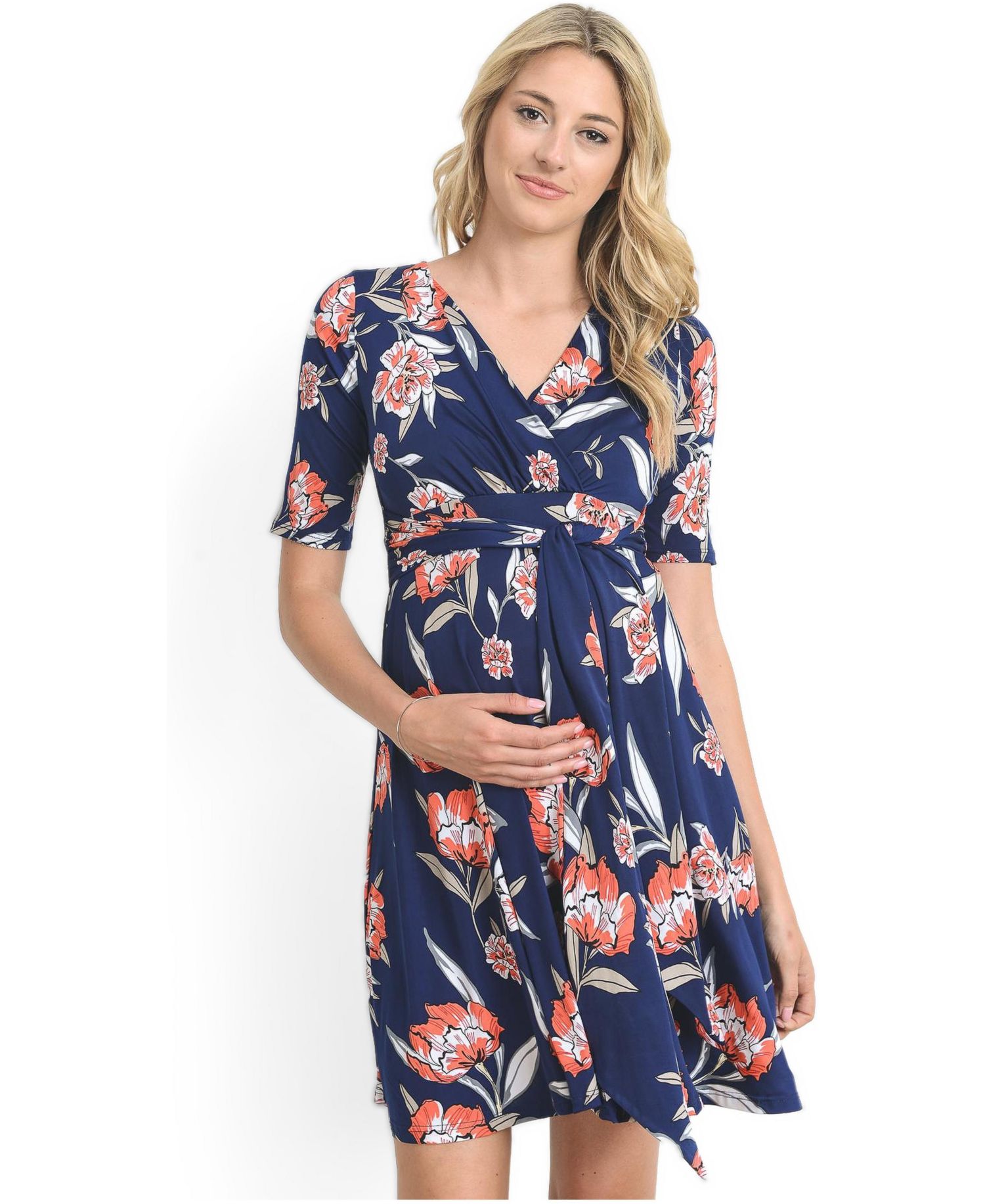 Women's V-Neck Floral Wrap Nursing Dress with Tie Waist