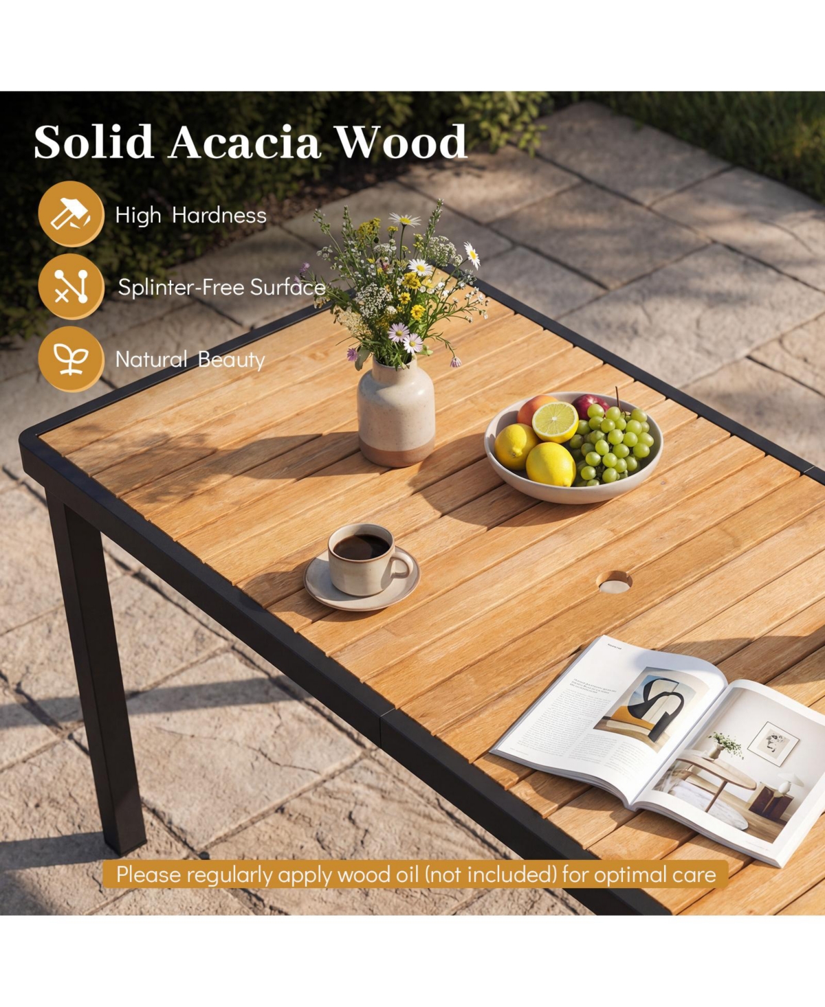 Gymax Acacia Wood Outdoor Dining Table Rectangular Patio Table w/ 1.97'' Umbrella Hole