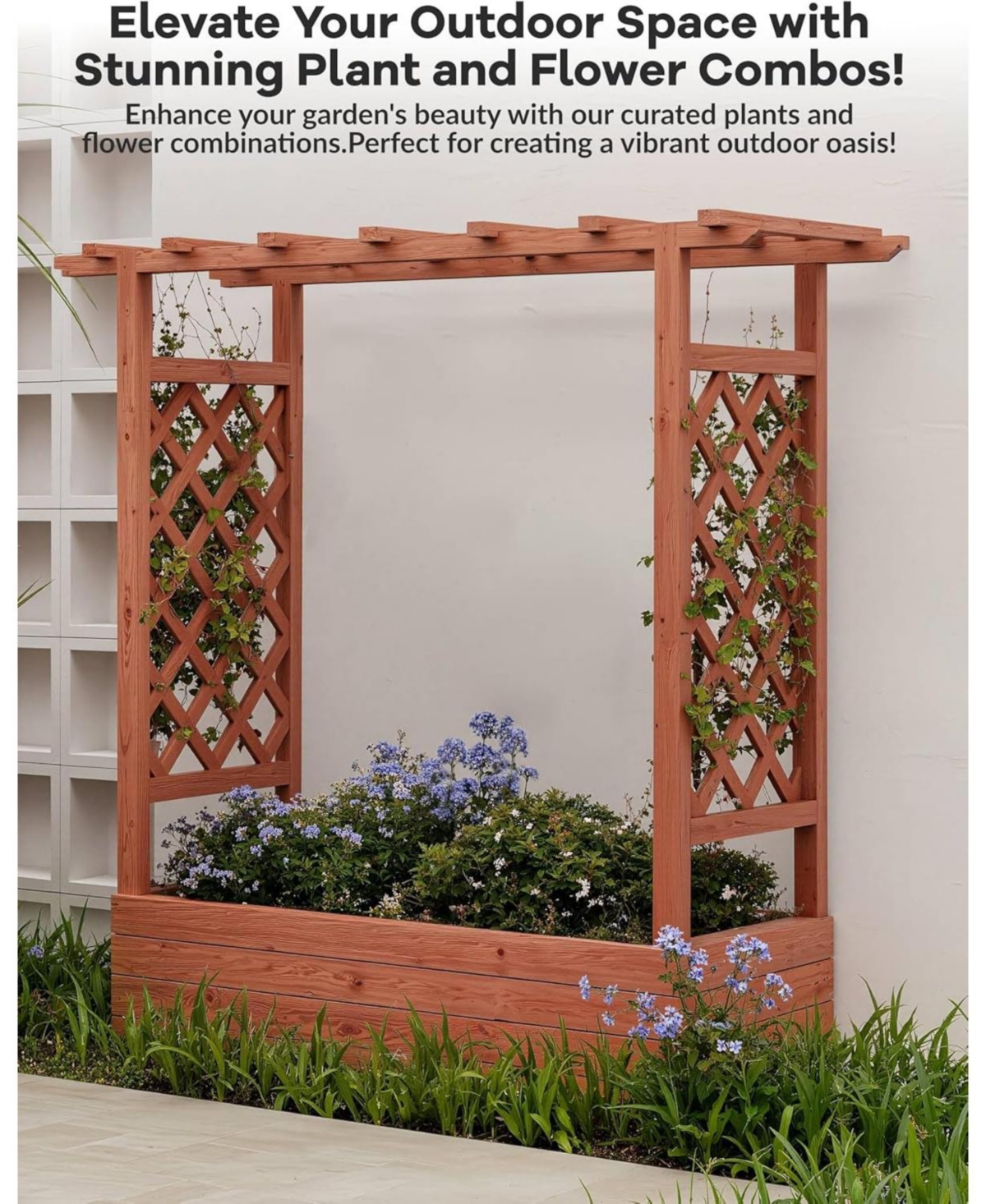 Xo 43"x17"x45" Elevated Garden Bed with Trellis, Wooden Planter Box with Roof for Climbing Plants Flowers, Outdoor Patio Garden