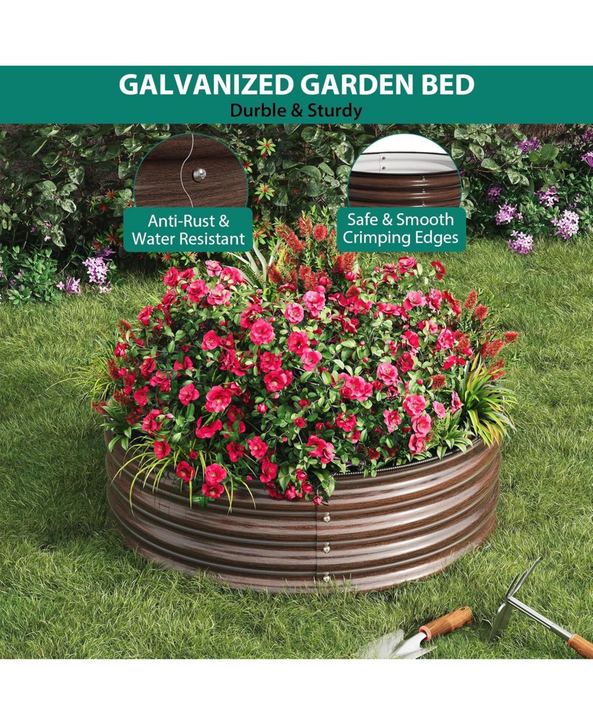 Xo Round Metal Raised Garden Bed 2x1 ft, Galvanized Planter Box Set, Safe Edge, Rustproof, Outdoor Garden