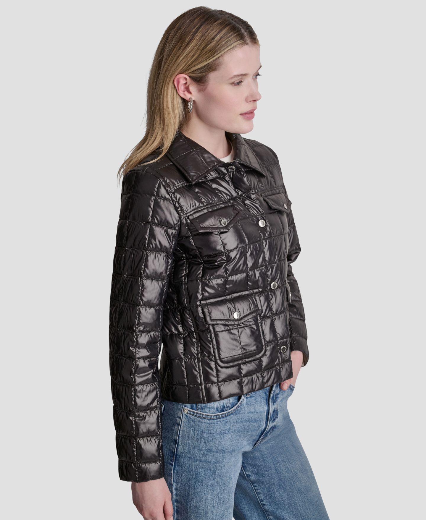 Женская куртка DKNY Jeans Box Quilt Lightweight, цвет: Металлик чёрный — фото 3