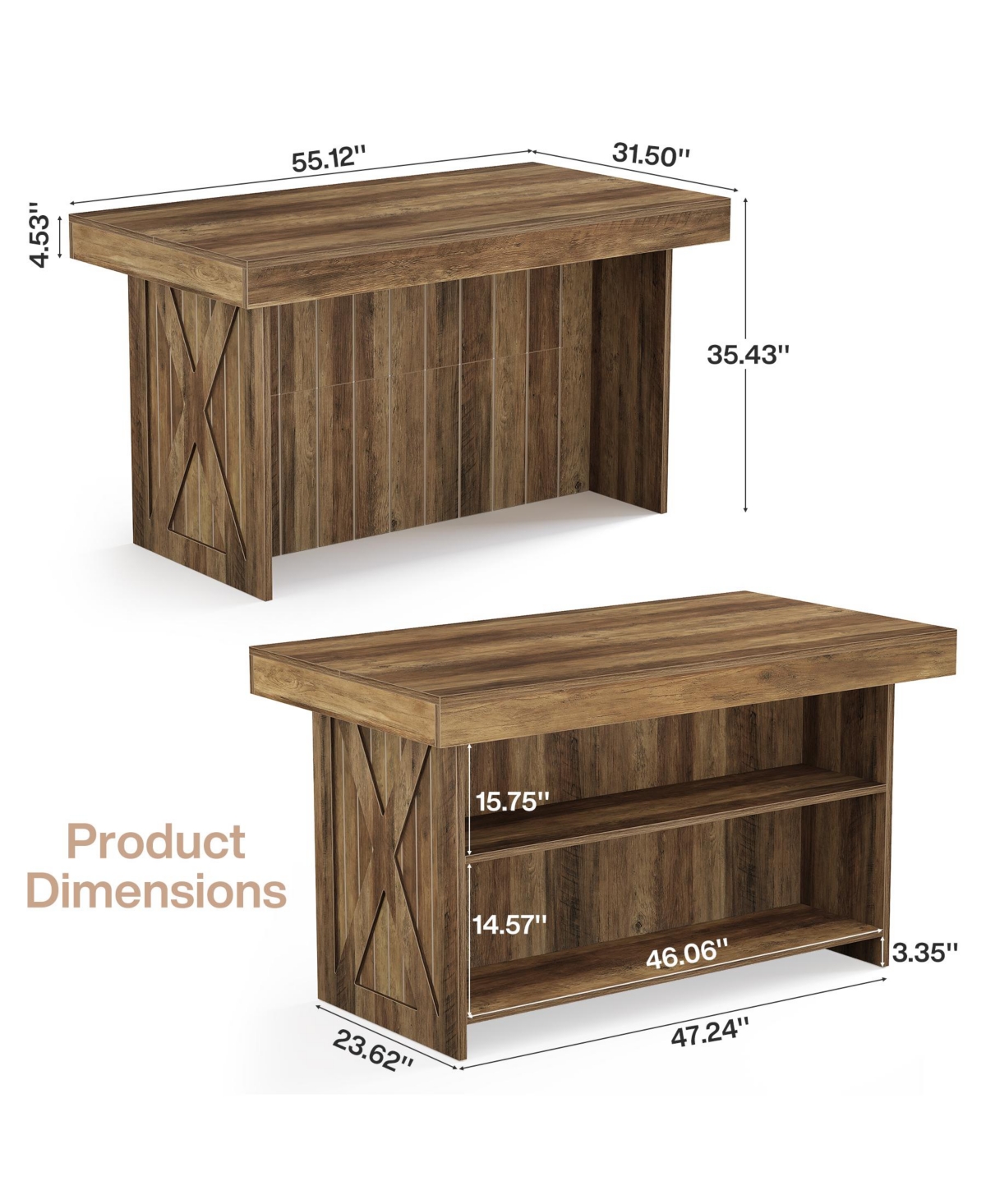 Tribesigns 55.12-Inch Kitchen Island with Storage, Farmhouse Counter Height Island Table with 2-Tier Shelves for Kitchen Living Room