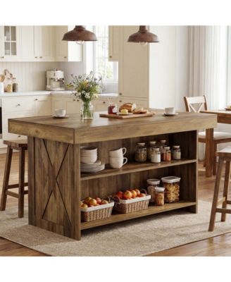 55.12-Inch Kitchen Island with Storage, Farmhouse Counter Height Island Table with 2-Tier Shelves for Kitchen Living Room