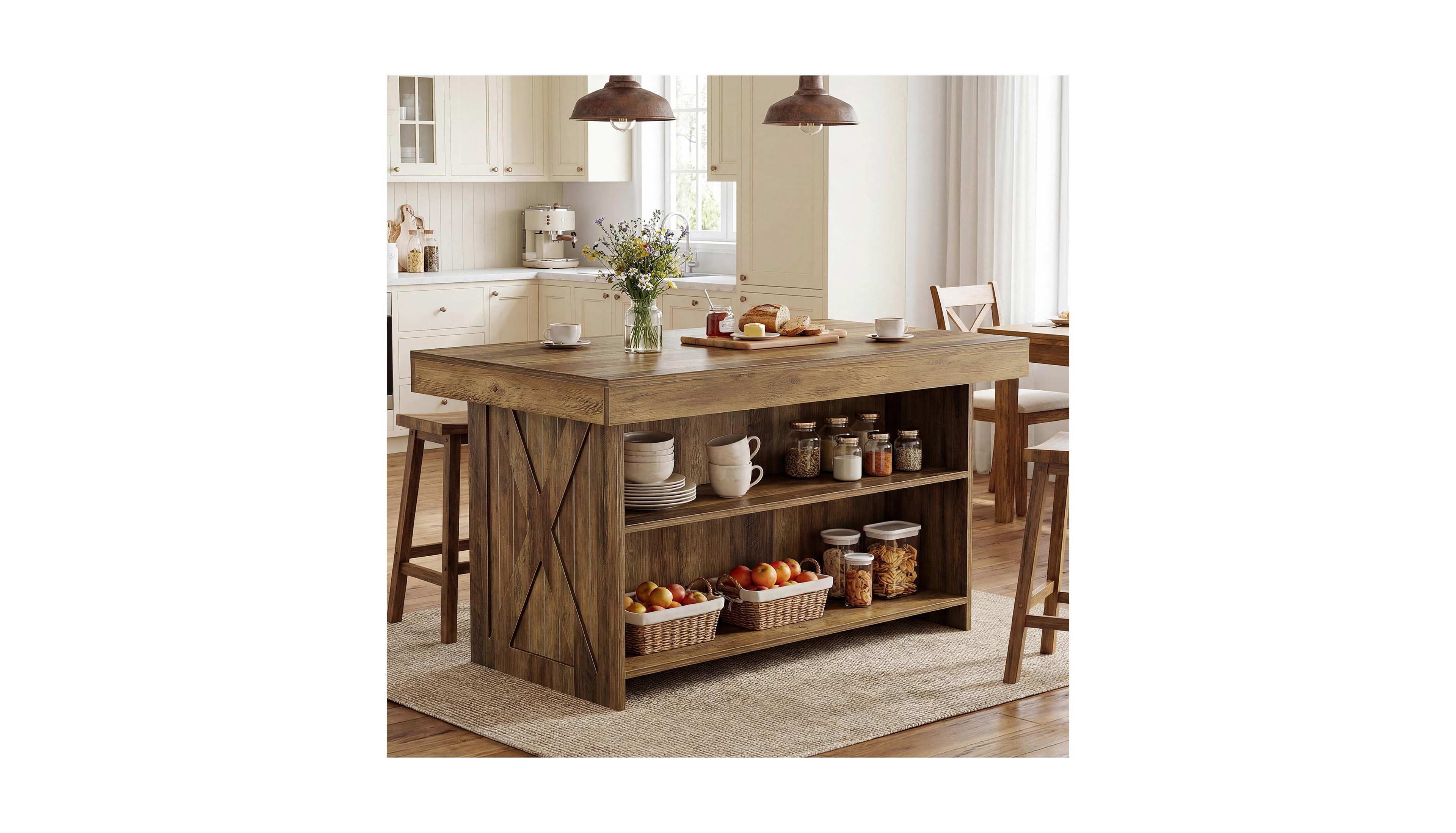 Tribesigns 55.12-Inch Kitchen Island with Storage, Farmhouse Counter Height Island Table with 2-Tier Shelves for Kitchen Living Room