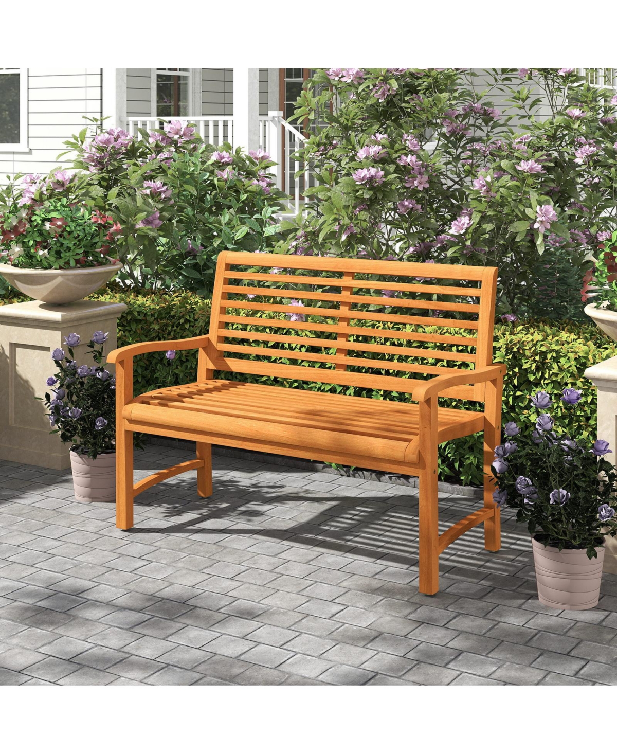 Gouun Teak Wood Outdoor Garden Bench 24-Inch with Slatted Backrest and Seat