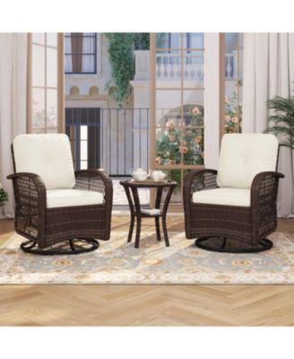 Indoor Swivel Glider Chair 3 Piece Set Wicker Rattan Living Room Furniture with Glass Top Side Table