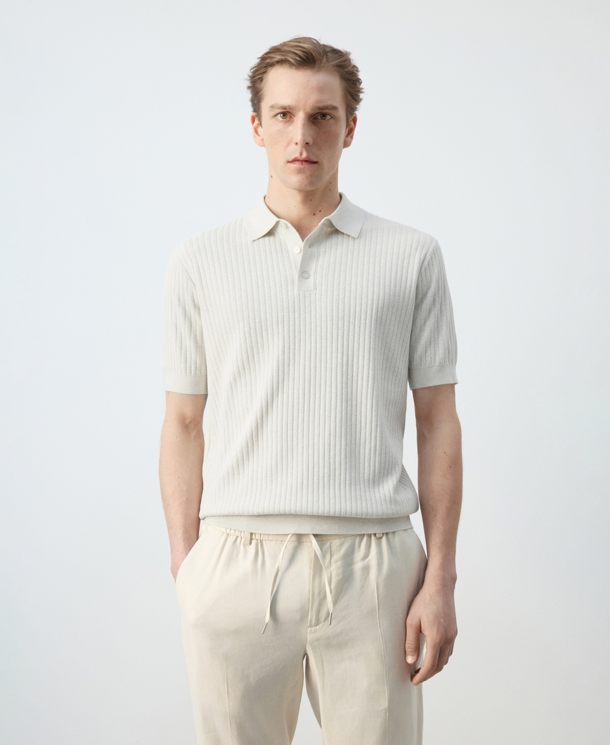 Mango Men's Rib-Knit Cotton-Blend Polo Shirt - Sand