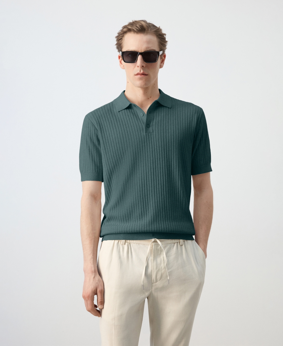 Mango Men's Rib-Knit Cotton-Blend Polo Shirt - Forest Green