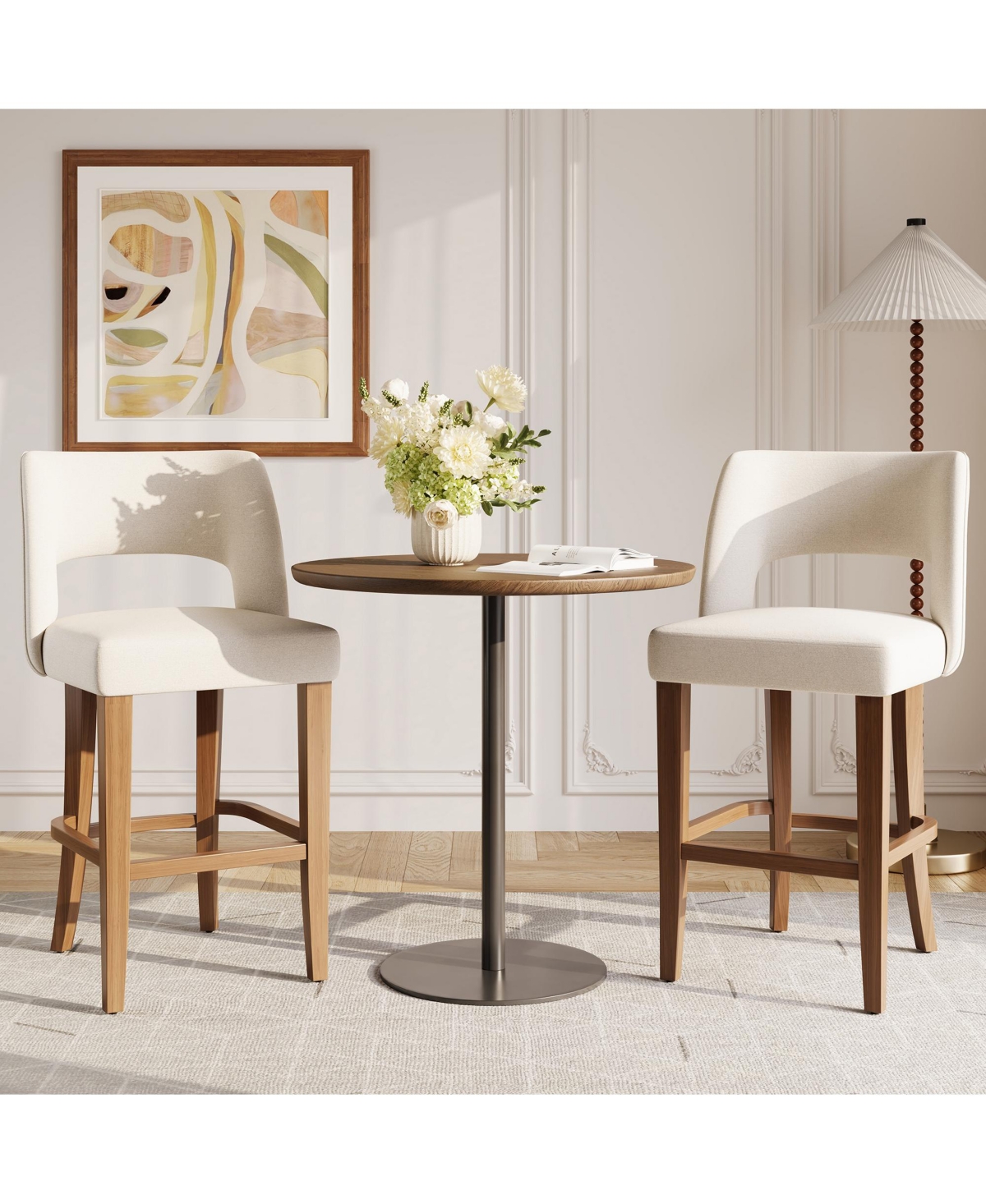 homfan Bar Stools Set of 2, 26 Inches Upholstered Bar Stools with Wood Legs, Modern Ergonomic Bar Stools Kitchen Island Dining Room Bar