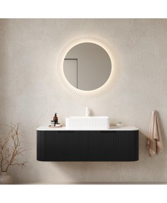 Wall Mounted Bathroom Vanity with Ceramic Sink, Matte Stripe Plywood Cabinet, Soft Close Drawer, Pre-assembled