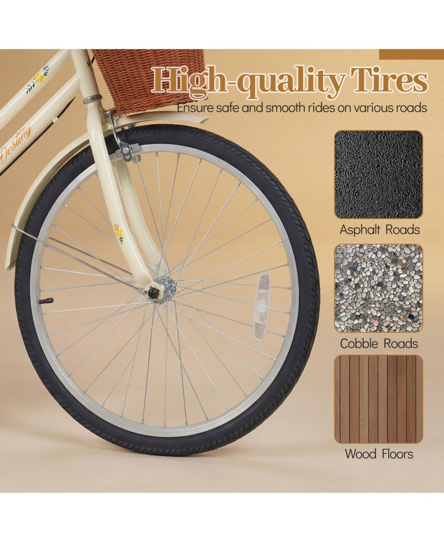 Детская игрушка Gymax 24-Inch Beach Cruiser Bike with Adjustable Seat Woven Basket and Rear Rack, цвет: Светлый бежевый — фото 8
