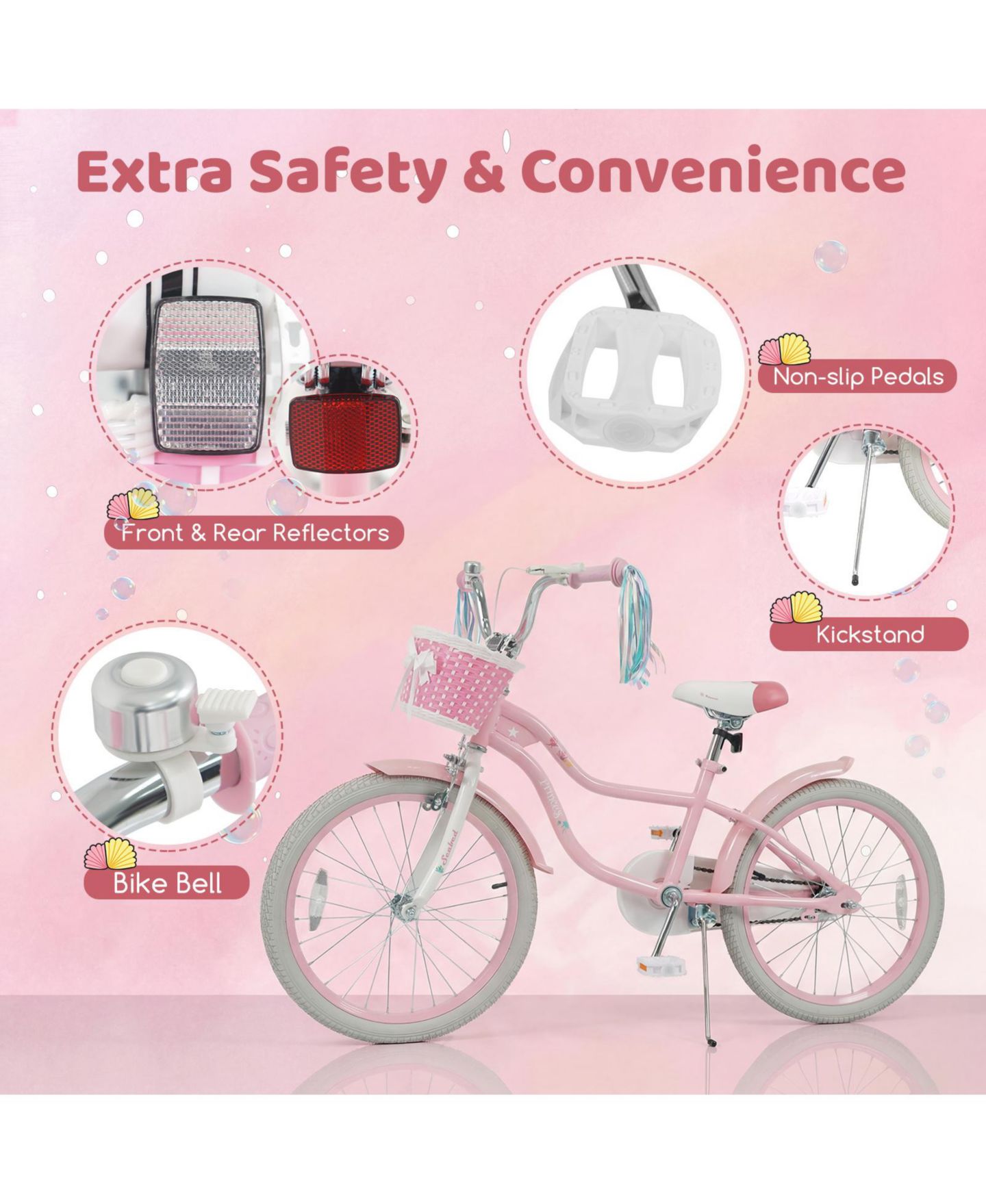 Детская игрушка Gymax Princess Seabed 20" Mermaid-Theme Coaster Brake Girls' Bike, Ages 8+, цвет: Розовый — фото 9