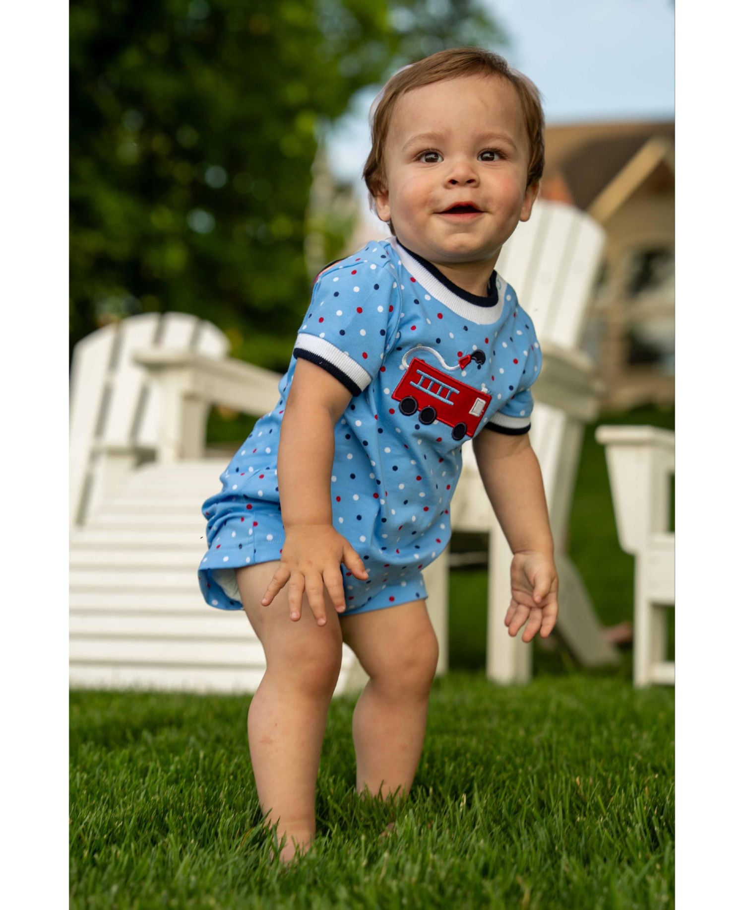 Baby Boys Printed Knit Shortall With Fire Truck