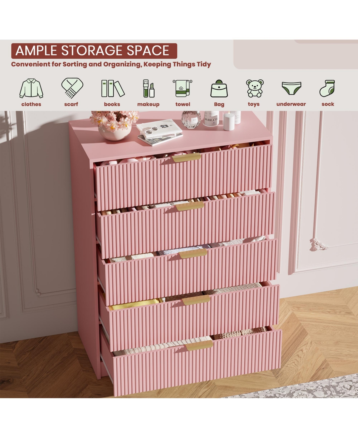 gaomon Fluted 5 Drawers Dresser For Bedroom, Wide Modern Chest of with Metal Handles, Living Room, Entryway, Hallway