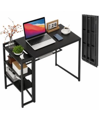 Folding Desk with Storage Shelves—Space-saving, Sturdy, and Durable No Assembly Required Ideal for Bedrooms and Home Offices