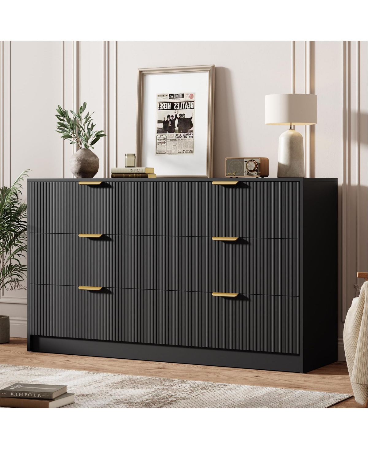 homfan 6-Drawer Fluted Dresser Chest with Metal Handles, Modern Wide Storage Organizer for Bedroom, Living Room, Entryway or Hallway
