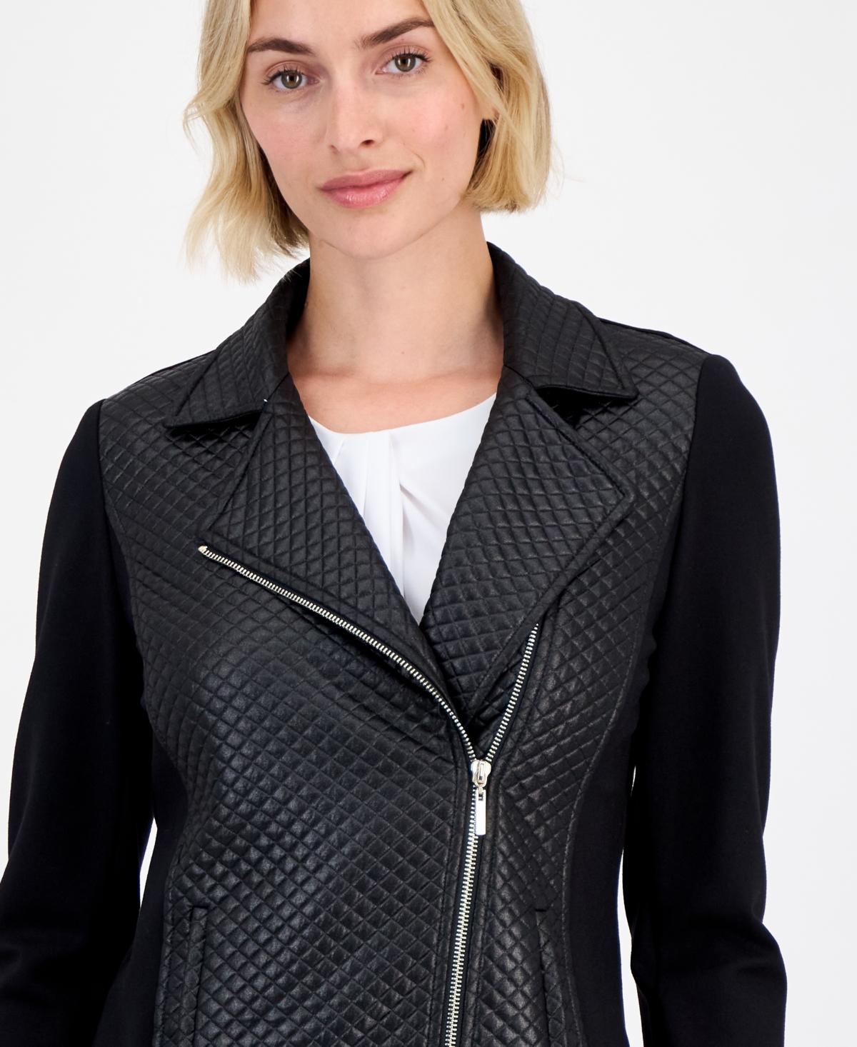 Anne Klein Petite Long-Sleeve Combo Motorcycle Jacket